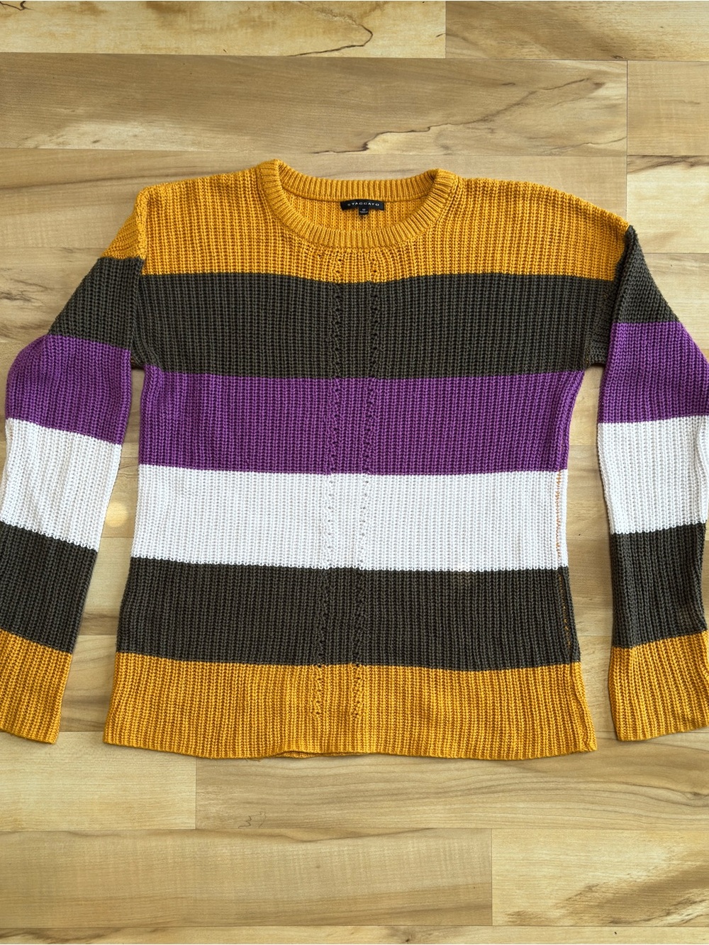 Women’s Striped Crewneck Sweater in Mustard, Purple, White, and Brown